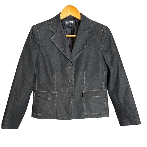 Kasper Women's Denim Sportswear Blazer Jacket Long Sleeve Two Pockets Size 4P - Picture 1 of 6